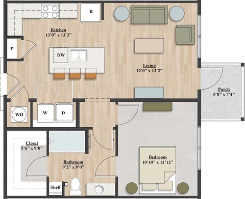 Floor plan for 1 bed, 1 bath, 695 sqft